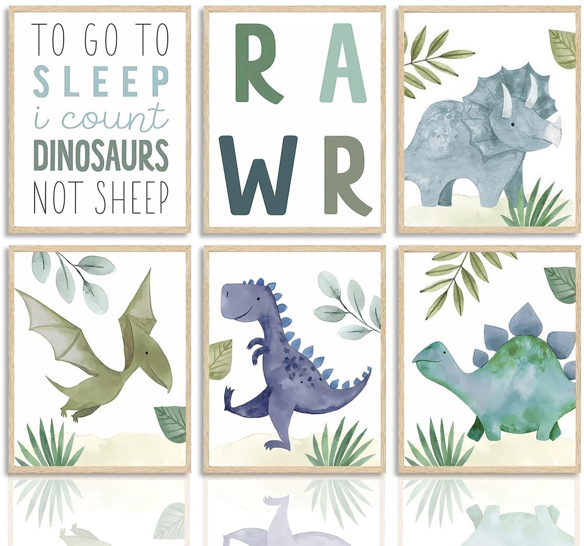 Dailygoods Dailygoody Abstracte Dinosaurus Wanddecoratie - Set van 6 Waterverf Muurposters voor de Kinderkamer