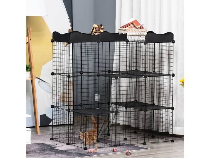 PawHut Lot 2 Cages Modulables 3 Niveaux Métal Noir