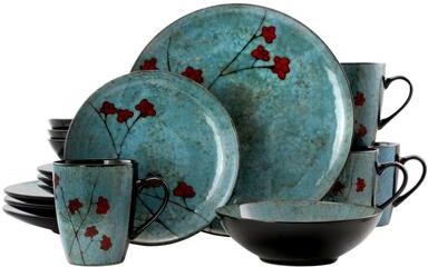 Elama Spring Bloom Light Blue Stoneware Dinnerware Set 16 Pieces