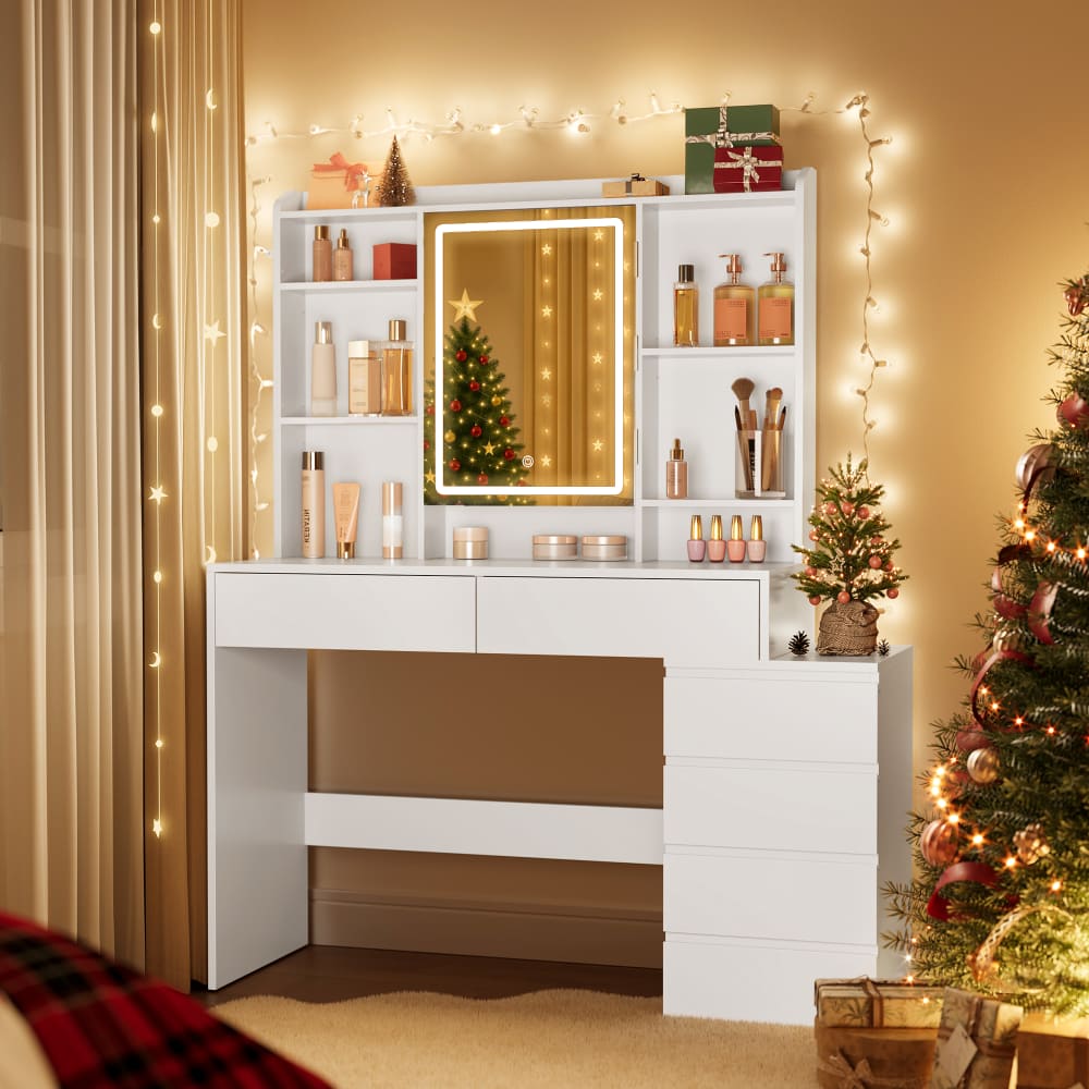 VASAGLE Coiffeuse avec miroir étagère de rangement l 117,5 cm blanc Blanc 118x145x40cm