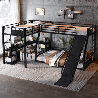 GREATPLANINC L-Shape Triple Bunk Bed with Desk Shelves USB Ports Guardrails Slide