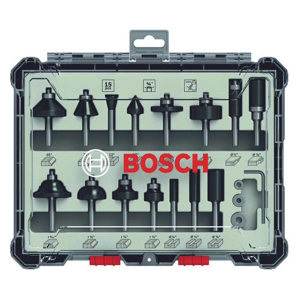 Bosch Professional Zubehör 15-teiliges Fräser-Set, 1/4-Zoll Schaft für Handfräsen (2607017473)
