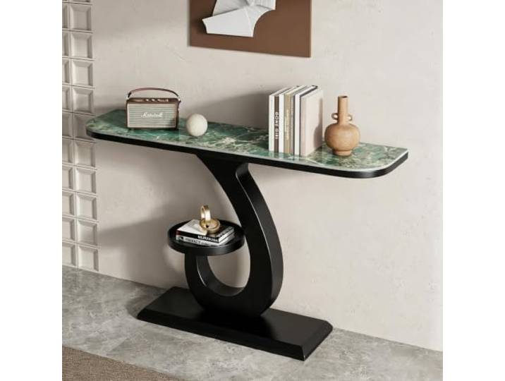 LEUBDIBR Creme‑farbene Sinterstein‑Konsolentisch, Halbmond‑Eingangstisch Sintersteinplatte, Halbmond‑Design, robuster Metallrahmen, moderner Stil(Black+green,150cm/59.1 )