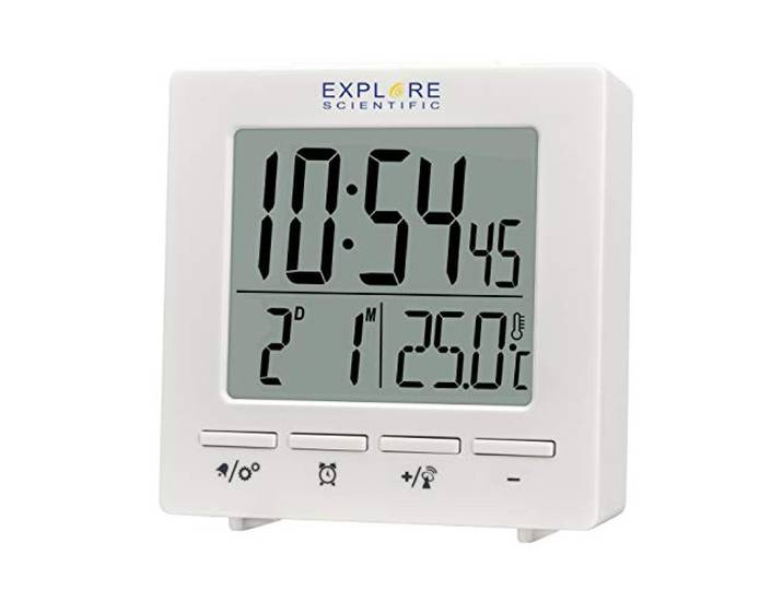 Explore Scientific RDC1005 radiogestuurde klok voor reizen, dubbel alarm, sluimerfunctie, kalender, wit