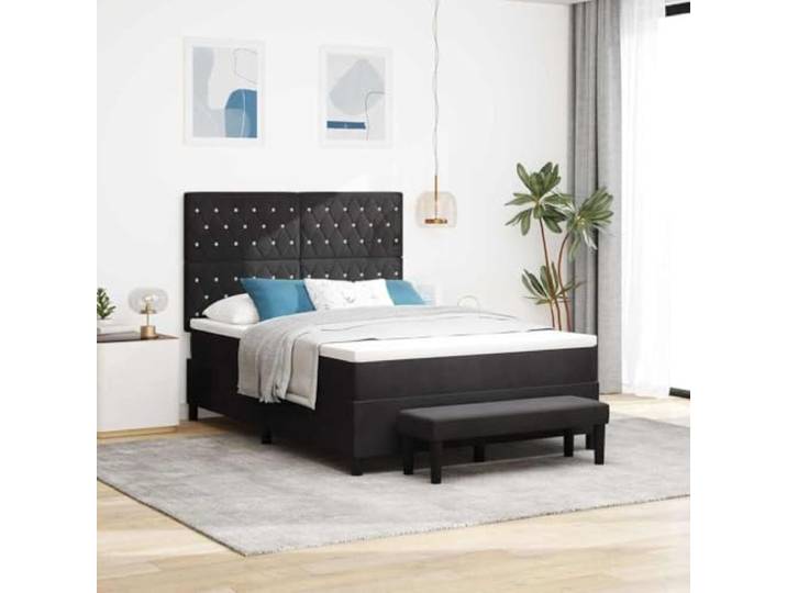 Boxspringbett mit Kopfteil aus schwarzem Samt, 190 x 140 cm Kopfteil aus Samt, Holzstruktur, mittelfeste Schaumstoffmatratze, modernes Design, einfach
