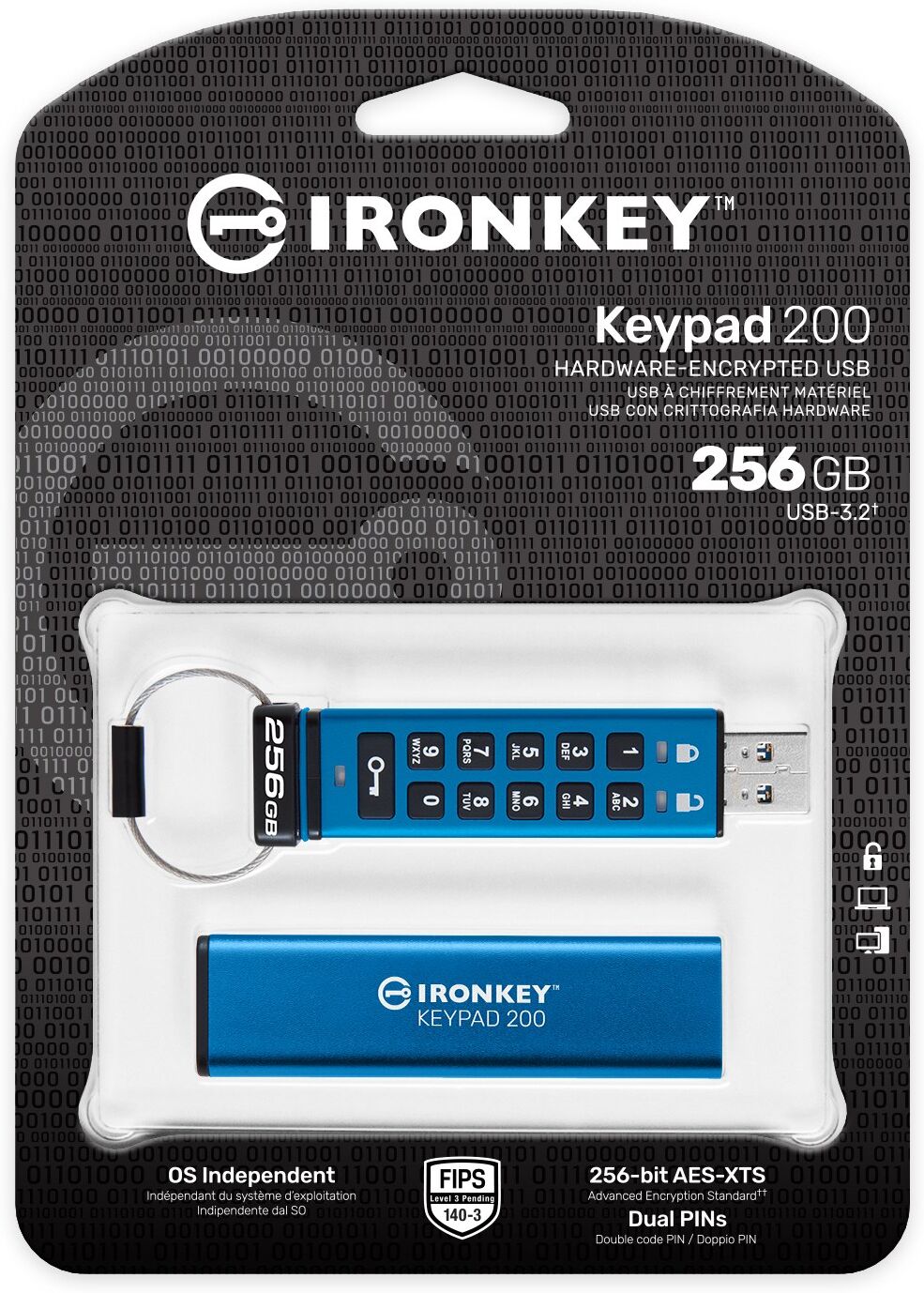 Kingston IronKey Keypad 200 USB-A Encrypted USB Flash Drive, FIPS 140-3 Level 3 AES-256 - 256GB