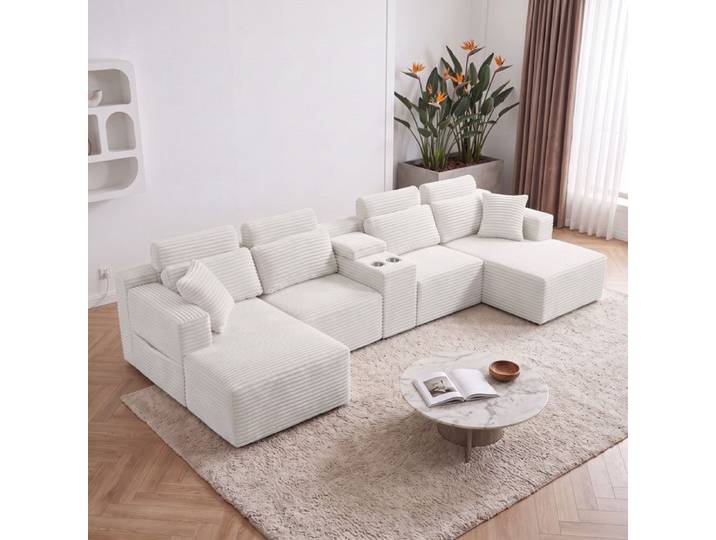 Canapé Panoramique en U - 373x150x81cm - Canapé Modulaire Velours Côtelé avec Porte-Gobelets Assise Profonde - Blanc