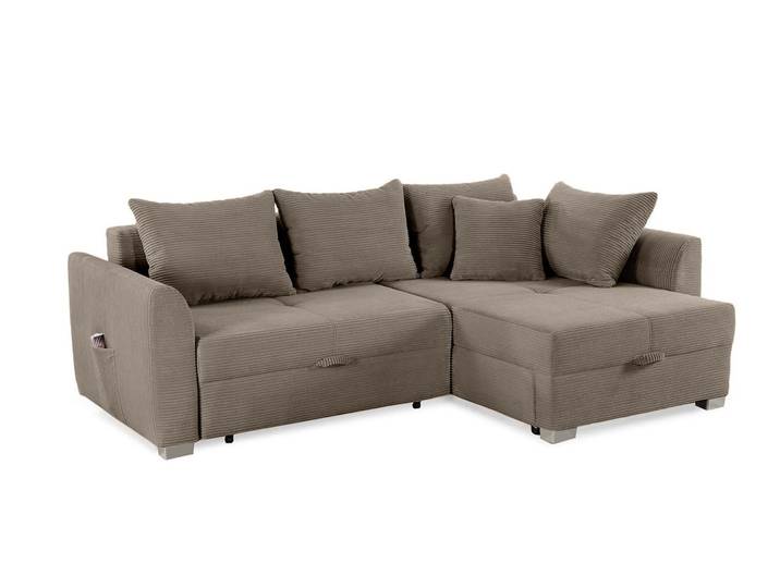 Ecksofa L-Form Couch Polsterecke Schlaffunktion Bettkasten in Cord Braun Taupe / 15208