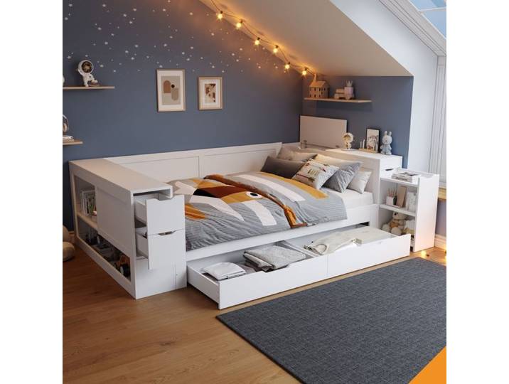 Lit coffre 140x200 blanc multifonction daybed et lit enfant avec tiroirs et rangements intégrés pour chambre ado
