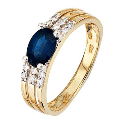 Diamantring JOBO Gr. 52, gelb (gelbgold 585), Fingerringe, Damen, 52, P1 = bei 10-facher Vergrößerung erkennbare Einschlüsse, Diamanten Gelbgold 585, Diamanten, Gelbgold 585, Diamantring, 14 Karat 585 Gold mit Saphir und 12 Diamanten