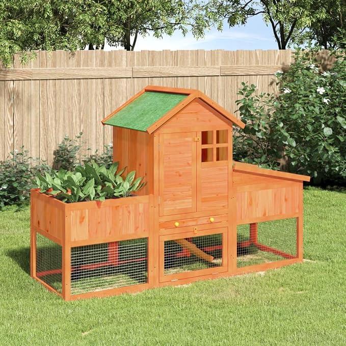 Kaninchenstall Braun 170x63x113 cm aus massivem Kiefernholz, Gehege mit Dach, Freilauf, Rampe und Etage für Kaninchen, Meerschweinchen, kleine Enten, Outdoor
