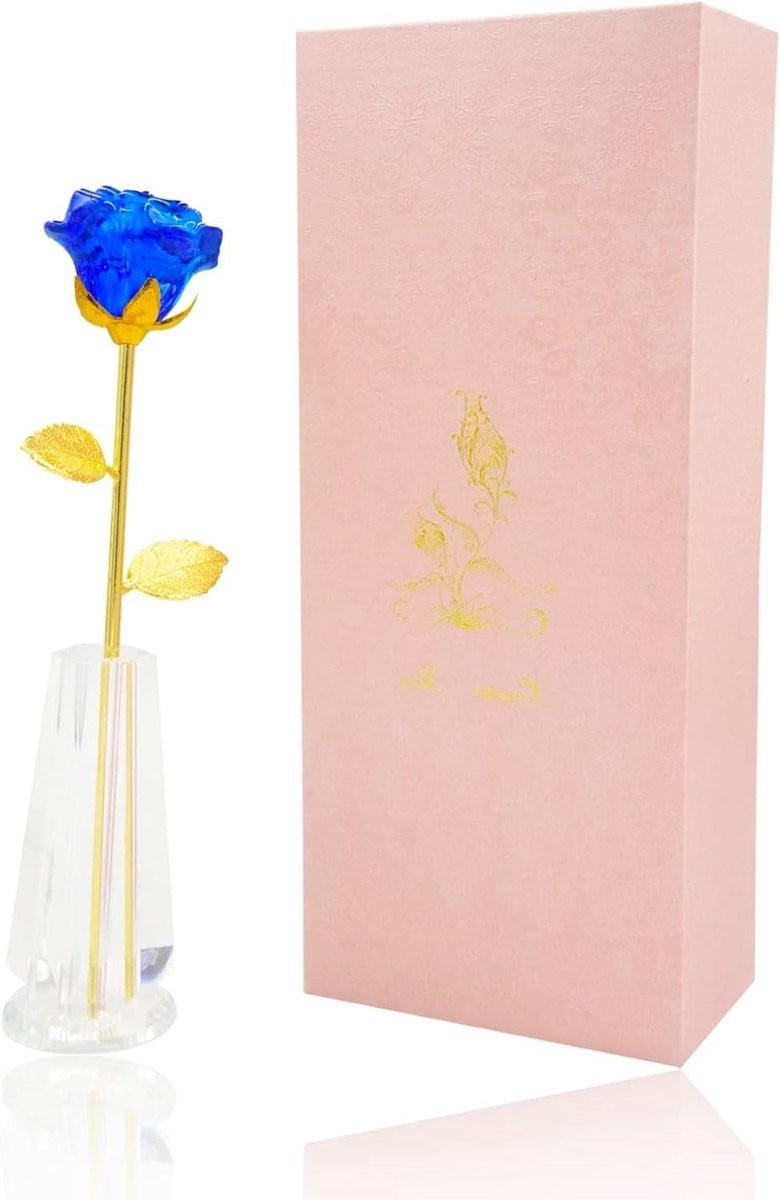 Kristallen Roos Blauwe Glazen Bloem voor Bureau Decoratie - Hoogte: 23 cm