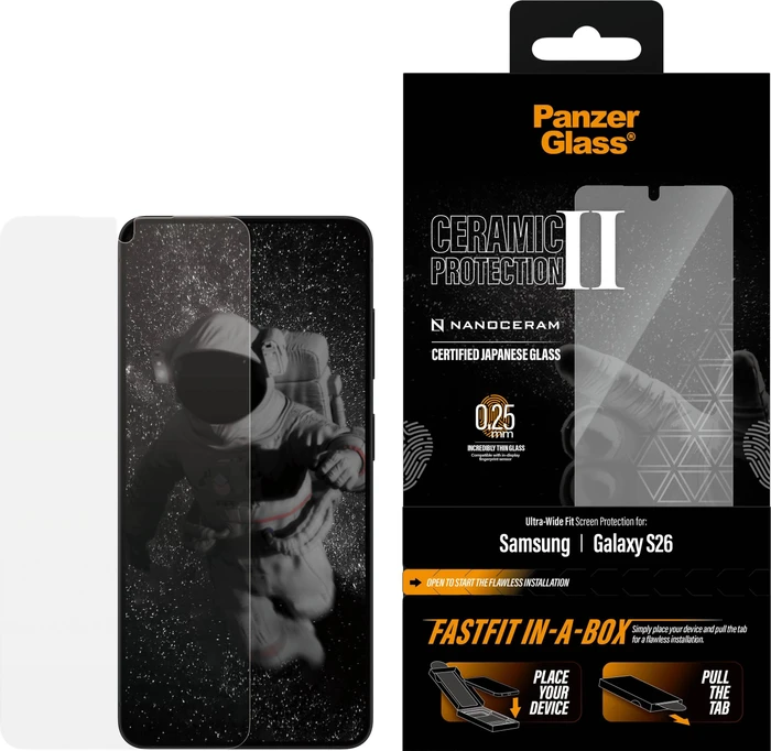 PanzerGlass Ceramic II Samsung Galaxy S26 mit staubfreier Installationsbox