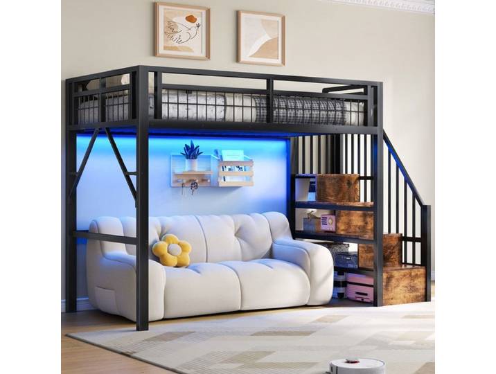 Lit mezzanine 90x200 avec éclairage LED Lit superposés avec aescalier avec rangement espace à aménager Lit enfant Noir