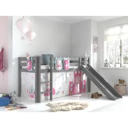 Spielbett Pino inkl. Rutsche mit Textilset Vorhang und 3 Taschen versch. Designs