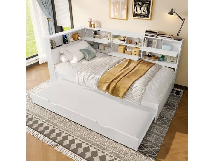 Canapé-lit 90x200cm lit simple avec plusieurs rangements lit pliant blanc sans matelas