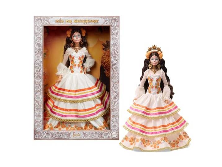 Barbie Signature Puppe, Día De Muertos 2025, Sammelfigur mit cremefarbenem Rüschenkleid mit Studentenblumen und Schleifen, Blumenkranz im Haar und Calavera-Gesichtsbemalung, JBJ05