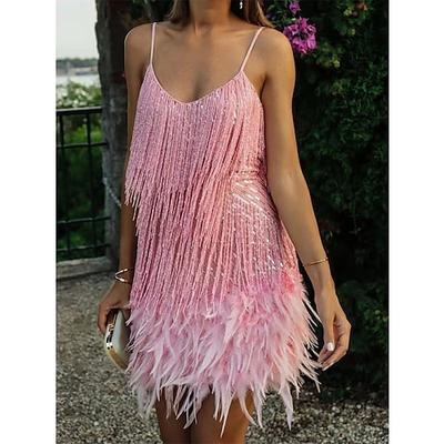 Damen Minikleid Paillettenkleid Fransenkleider Partykleid Federkleid Party Urlaub Hochzeitsgast Geschenk Normale Passform Einfach Ärmellos Spaghettiträger Weiß Rosa Rote Dunkelgrün Sommer Frühling