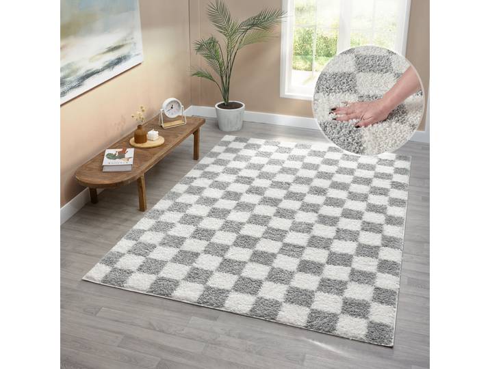 Hochflor-Teppich GOODPRODUCT Kiiki, Karo-Muster Gr. 3, grau, B:120cm H:30mm L:180cm, Kunstfaser, Teppiche, Hochflor-Teppich, Kariert, auffälliges Schachbrettmuster, Wohnzimmer, Schlafzimmer