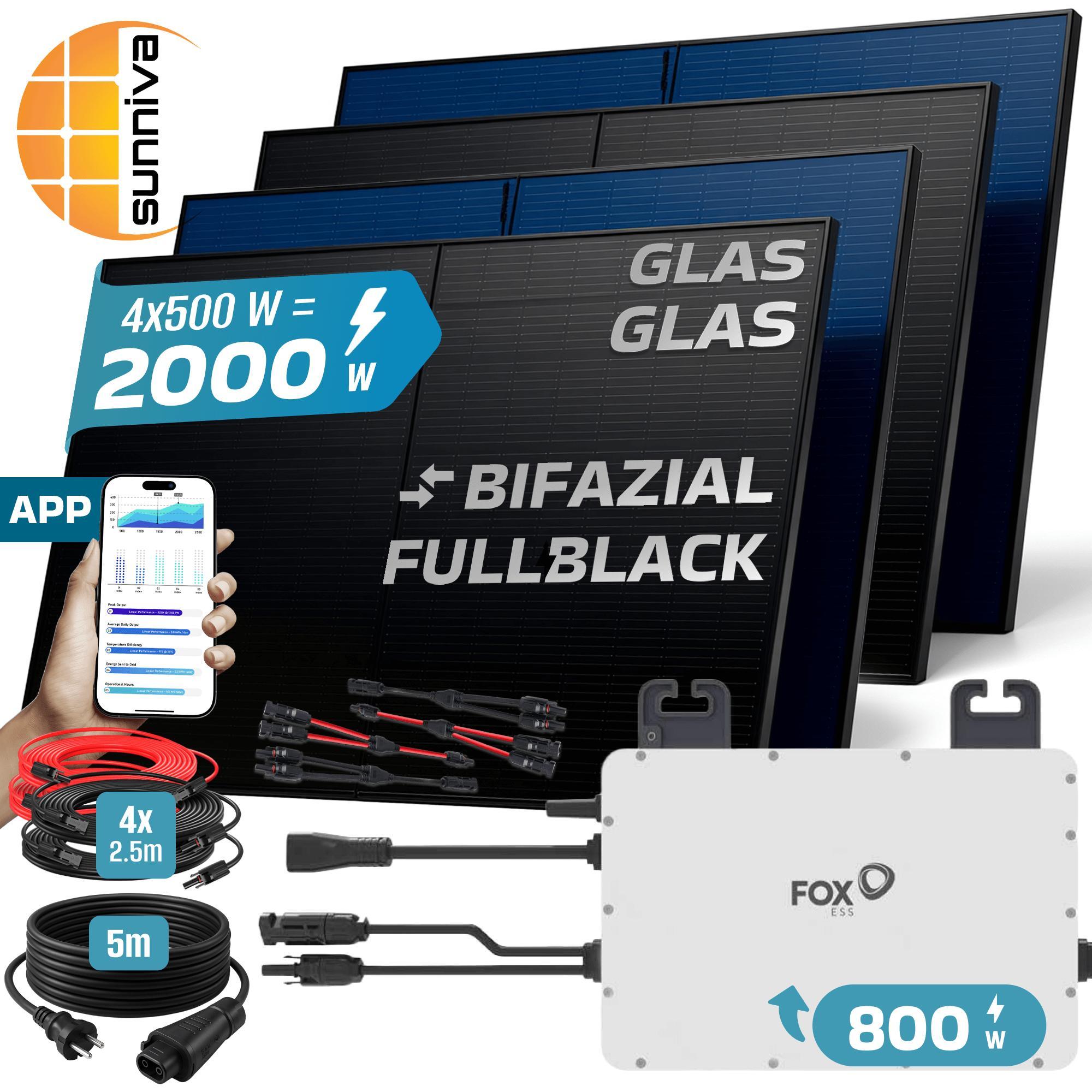 SUNNIVA 2000W Balkonkraftwerk BIFAZIAL FULLBLACK komplett Steckdose FOX ESS 800W Wechselrichter, PV Solaranlage, 5m Kabel, Bluetooth WIFI