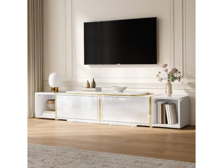 BXEYXE Ausziehbares TV Lowboard mit Hochglanzfronten, erweiterbarer Fernsehschrank, modernes Design, offene Ablagefächer, Wohnzimmerschrank aus Spanplatte,TV-Schrank