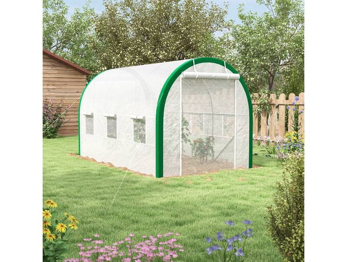 Outsunny Serre Tunnel, Serre, Portes à Fermeture Éclair, Fenêtres en Filet, Cadre Métallique, 3,5 x 2 x 2m, Blanc