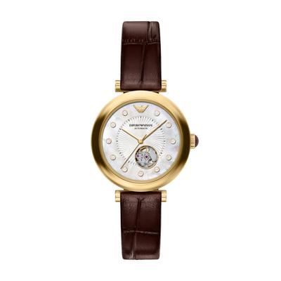 Automatikuhr EMPORIO ARMANI, gold (bordeaux), Armbanduhren, Damen, Automatikuhr, Armbanduhr, Mechanische Uhr, Lederarmband, analog, Glassteine