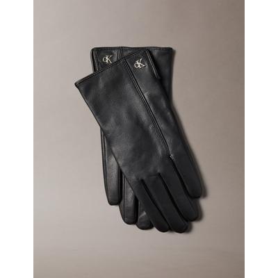 Lederhandschuhe CALVIN KLEIN "METAL CK LEATHER GLOVES", Damen, Gr. S, schwarz, Schafsleder, unifarben, Handschuhe, aus Schaf-Nappaleder