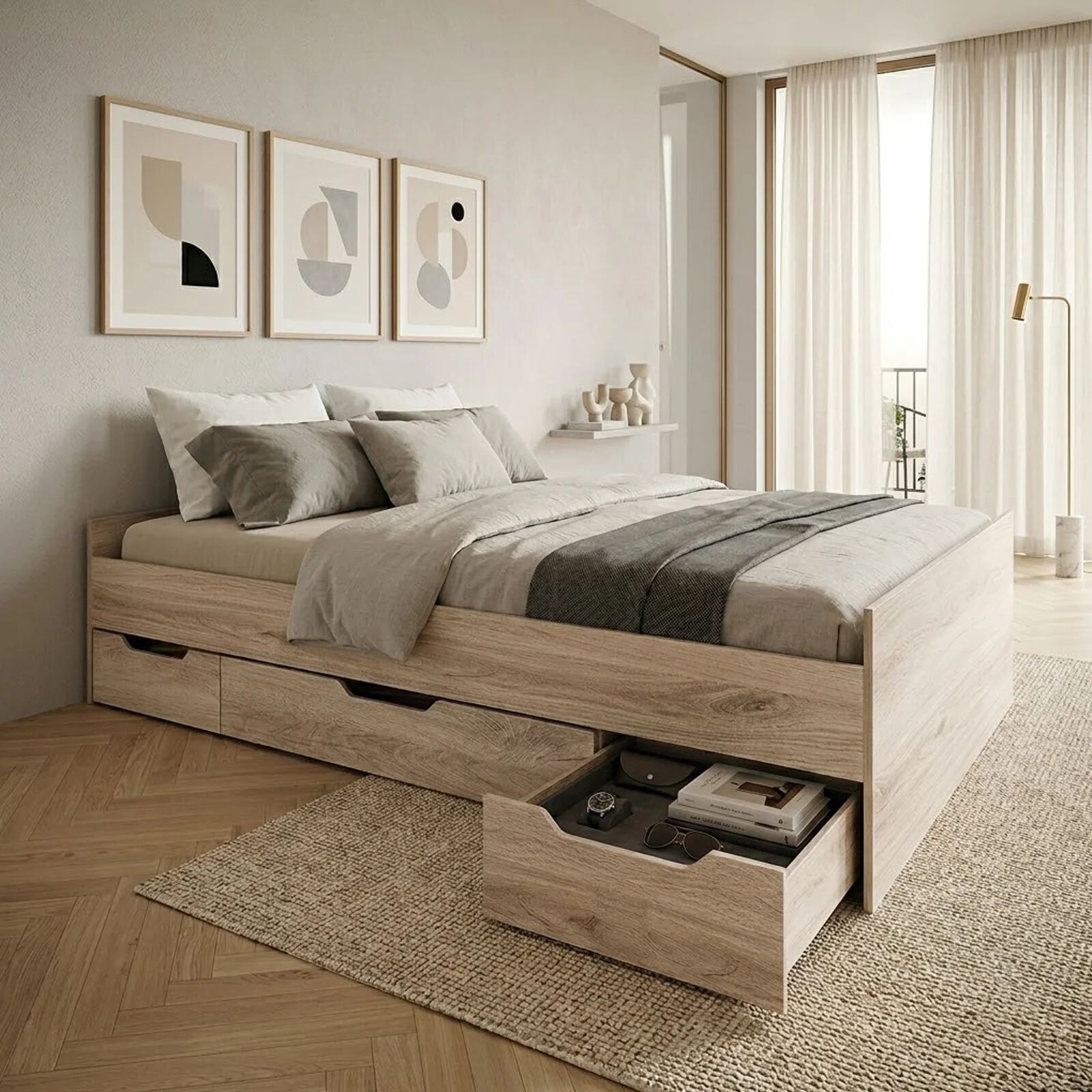 garneroarredamenti Letto singolo 90x200cm 3 cassetti rovere chiaro Kabala