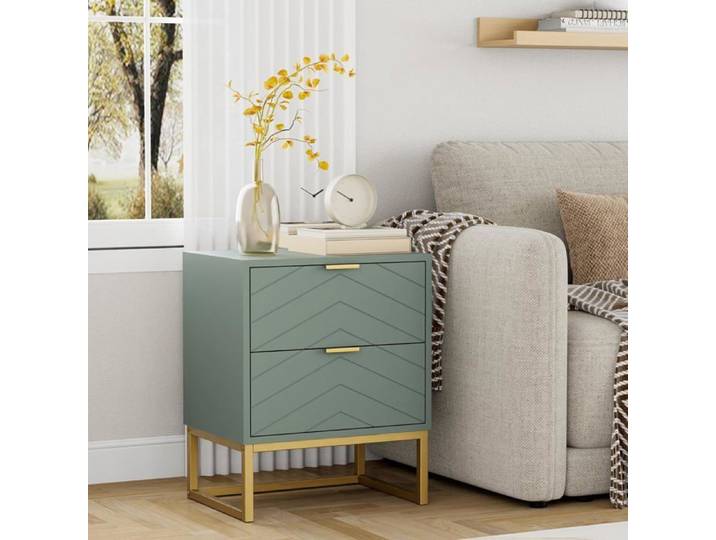 GOOBUY Lot de 2 Tables de Chevet Tables de Nuit avec Deux Tiroirs Table d'Appoint avec Pieds Métal Motif de Ligne Vert