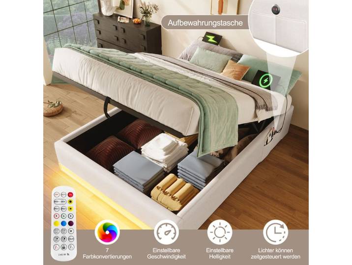 Nouveaux matériaux écologiques Polsterbed 90 * 200cm rayon LED télécommandable avec USB et type C avec petites poches de stock