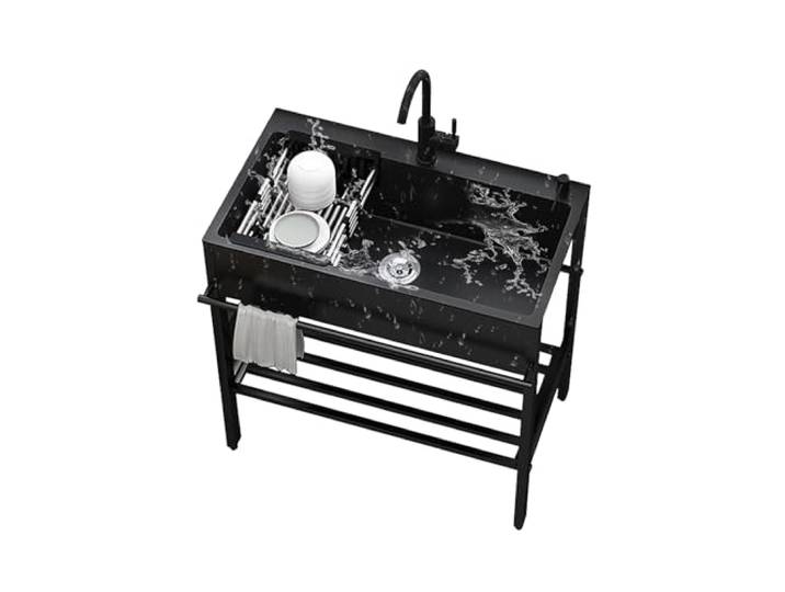 DSEWTEZXI Schwarz Edelstahl Freistehende Spültisch Spülbecken Küchenspüle,Moderne 1 Becken Waschtisch,Waschbecken Organizer,mit Lagerplattform,mit Warm Kaltwasserhahn,for Outdoor Garten Waschküche.