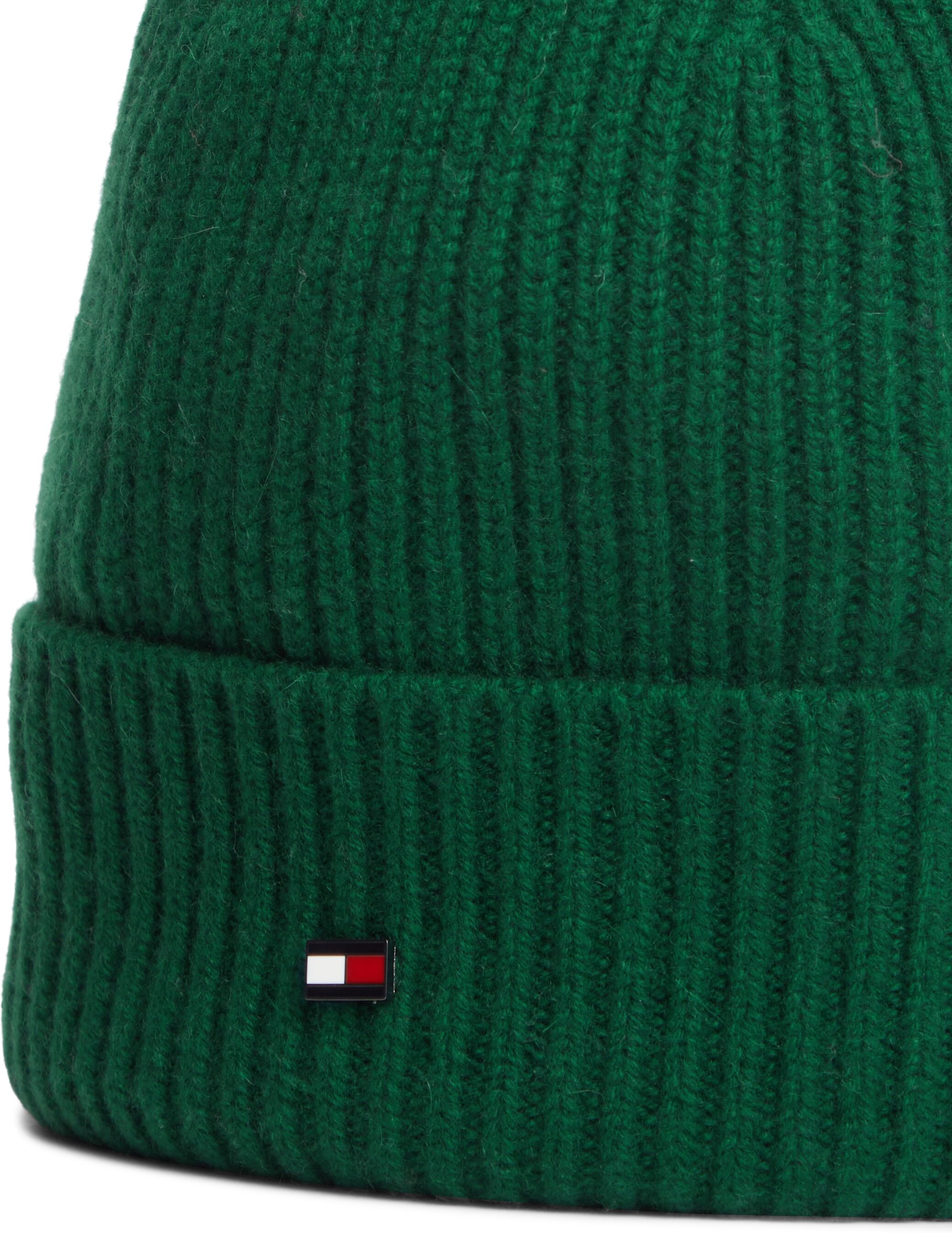 Strickmütze TOMMY HILFIGER "FLAG CASHMERE BEANIE", grün (majestic emerald), Strick, Kaschmir, unifarben, Mützen Strickmütze, One size mit Markenlogo majestic emerald Einheitsgröße