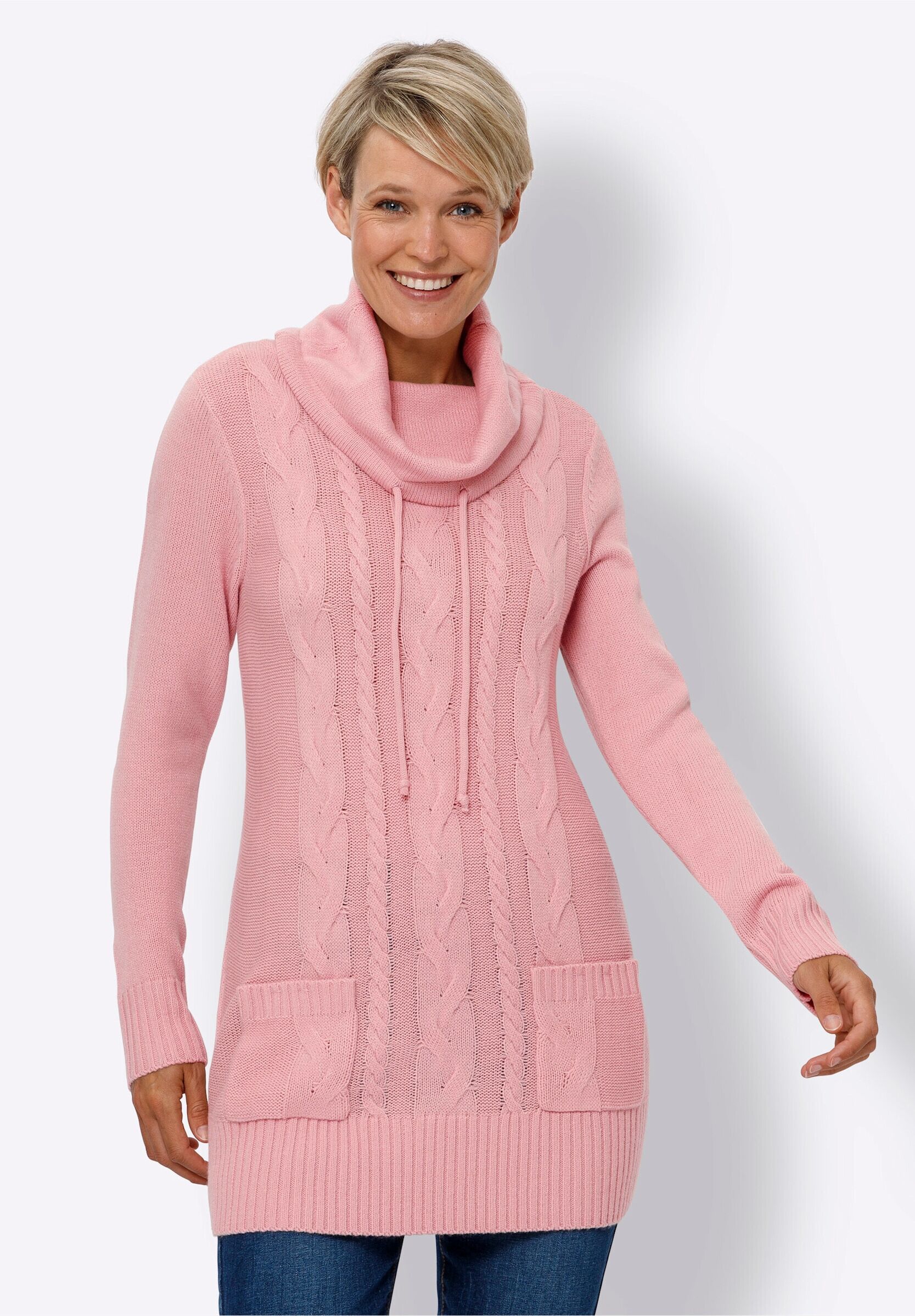 Sieh An! Longpullover SIEH AN "Longpullover Longpullover mit aufgesetzten Taschen", Damen, Gr. 46, hortensie, Sportlich, Pullover Longpullover