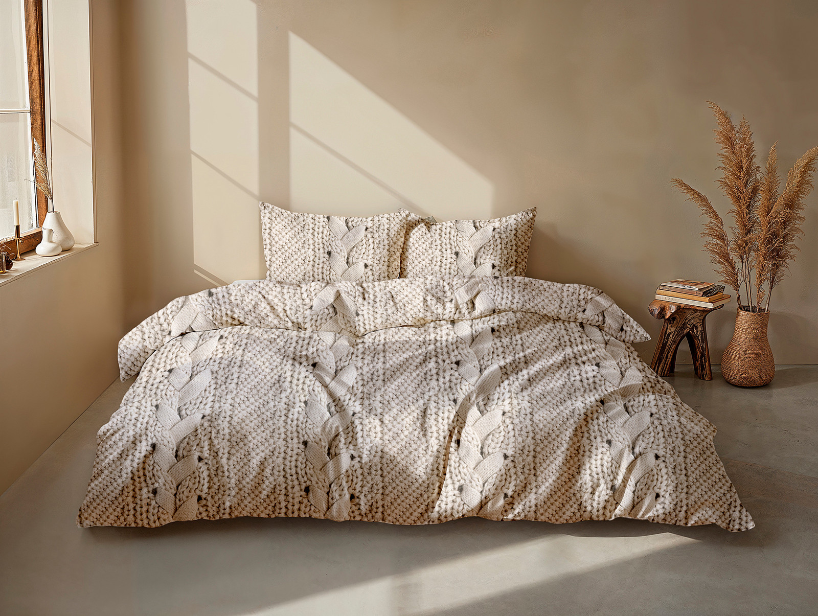 home24 Flanellen beddengoed Mira beige met dekbedovertrek en kussenslopen