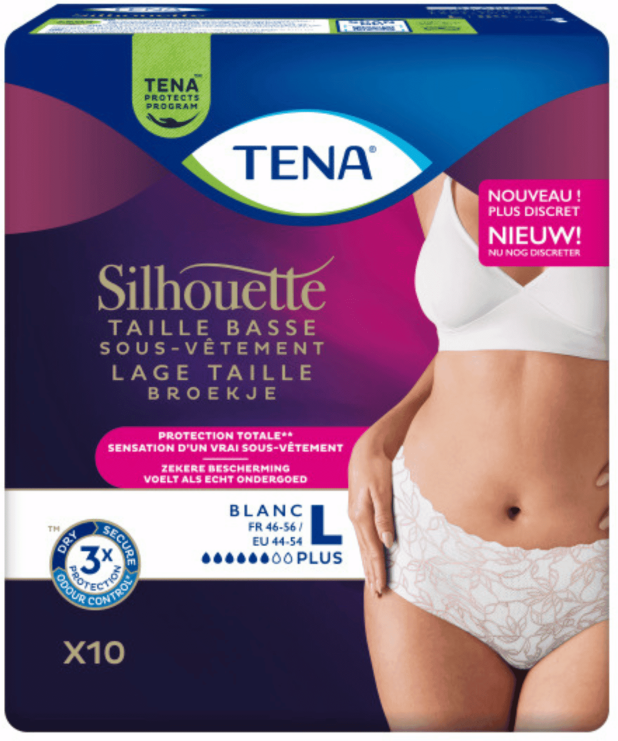 Tena Silhouette Plus Blanc - Taille basse Large - 12 paquets de 10 protections