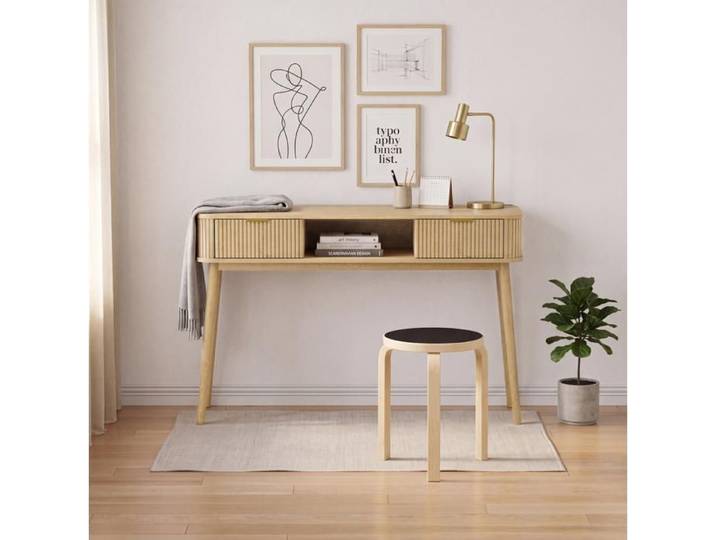 Console style Mid-Century aspect chêne 120 cm avec 2 tiroirs et niche ouverte