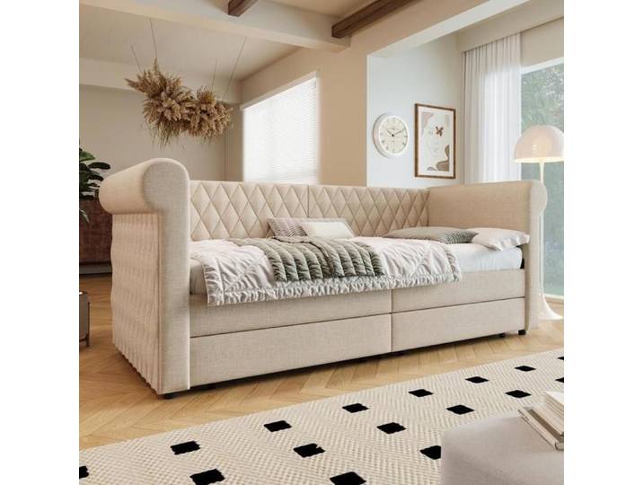 Lit banquette - KOMHTOM - 90x200 cm (lit sofa vintage) - lin beige - 2 tiroirs - sommier à lattes