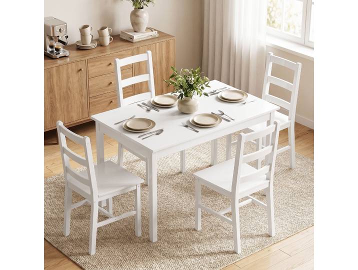 HOMCOM Ensemble Salle à Manger 5pcs Bois Massif Blanc 4 Places