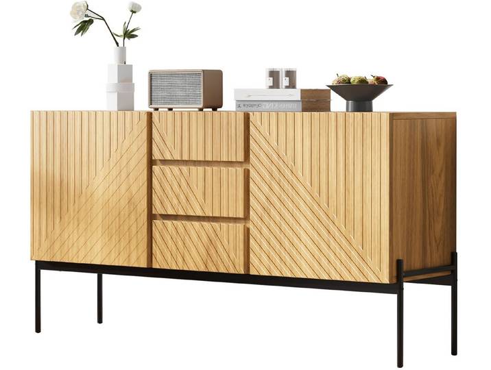 SeedWave Sideboard Vielseitige Grifflose Gestreifte Kommode mit Schranktüren, Schubladen, 3 Schubladen, 4 geschlossene Fächer mit verstellbaren Einlegeböden