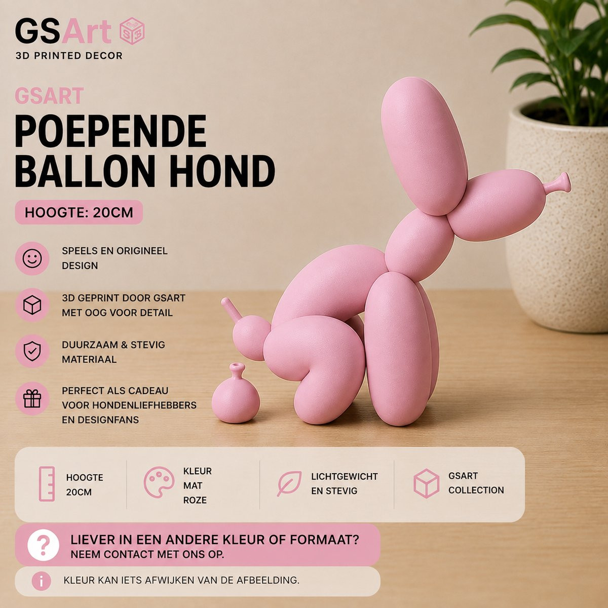 GSArt Decoratief Beeld Poepende Ballon Hond - Mat Roze - 20 cm