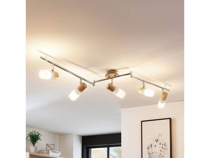Lindby Deckenstrahler Christoph, 130 cm, 5-flg., Holz, Glas Christoph Lindby, dimmbar, chrom / silber, für Schlafzimmer, Holz, Modern, Strahler
