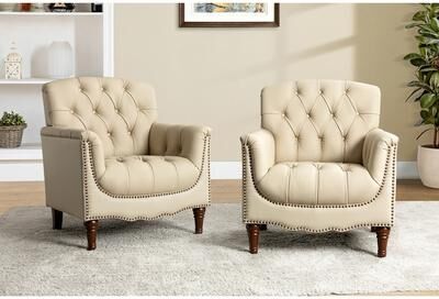 HULALA HOME Wemer Traditional Genuine Leather Armchair with Button Tufted Back Set of 2