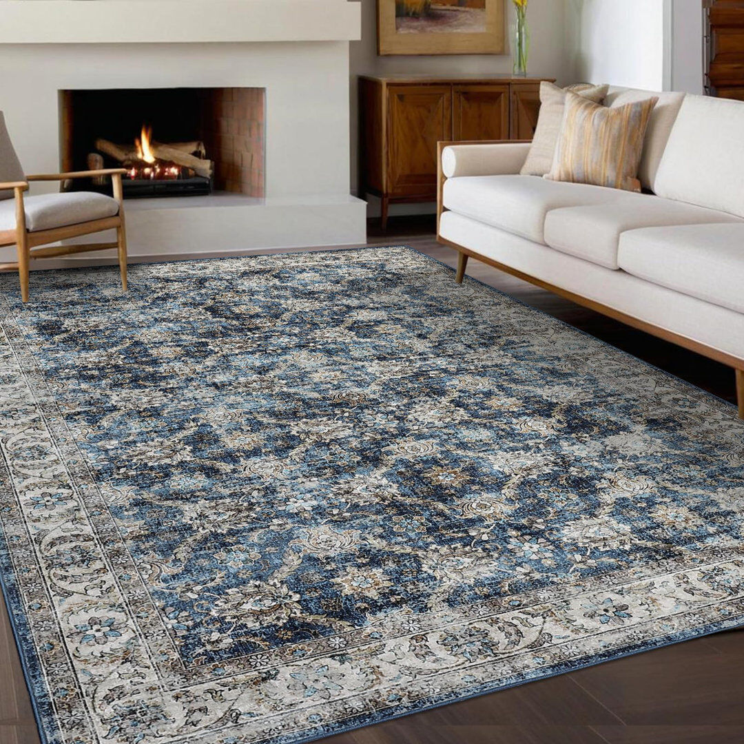 Brambly Cottage Rectangle Abstract Washable Area Rug Blue Rectangle 200 x 290 cm