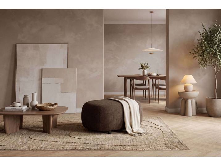 Polsterhocker GOODPRODUCT OSTRUP, Naturtöne, Boucle oder Chenille , braun, B:90cm H:42cm T:64cm, 100% PES, Hocker, Polsterhocker, 90x64 cm, organische Form mit sanften Rundungen