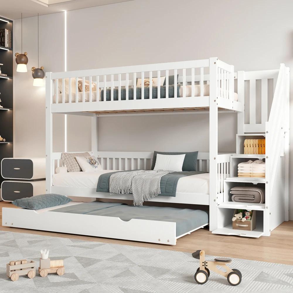 Kinderbett - Etagenbett mit Ausziehbett - Leiter - Schrank - Rausfallschutz - Kiefernholz und MDF - Weiß