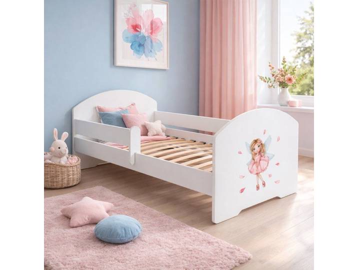 Lit enfant LUK 70x140 cm pour fille avec sommier et barrière de sécurité – motif fille avec ailes