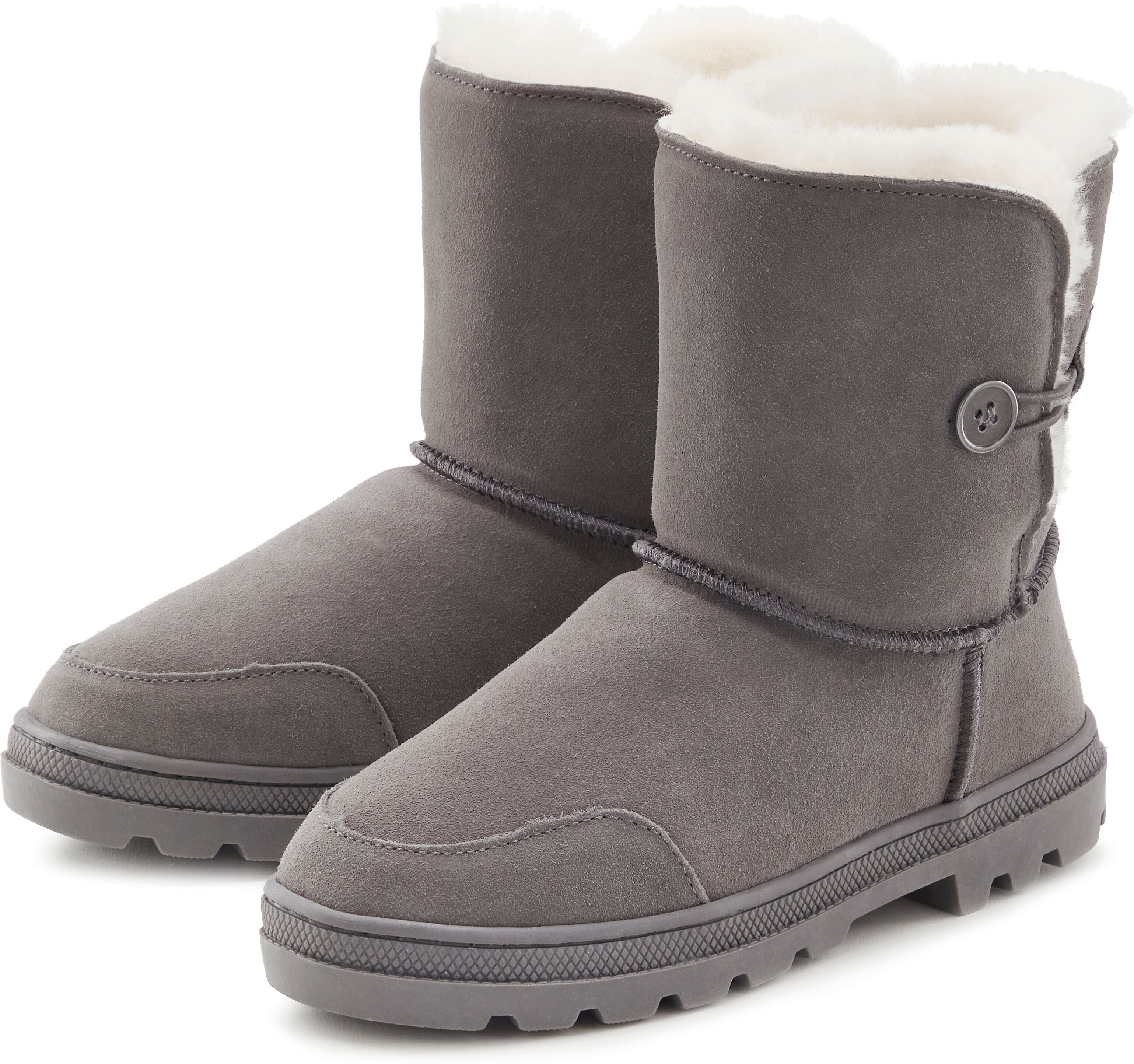 Winterstiefel LASCANA, Damen, Gr. 41, grau, Obermaterial: 100% Rindsleder. Decksohle: 100% Lammfell. Futter: 100% Lammfell. Laufsohle: 100% Synthetik, unifarben, Schuhe Winterstiefel, aus kuscheligem Lammfell, robuste Sohle, Winterstiefelette, Snowboots g