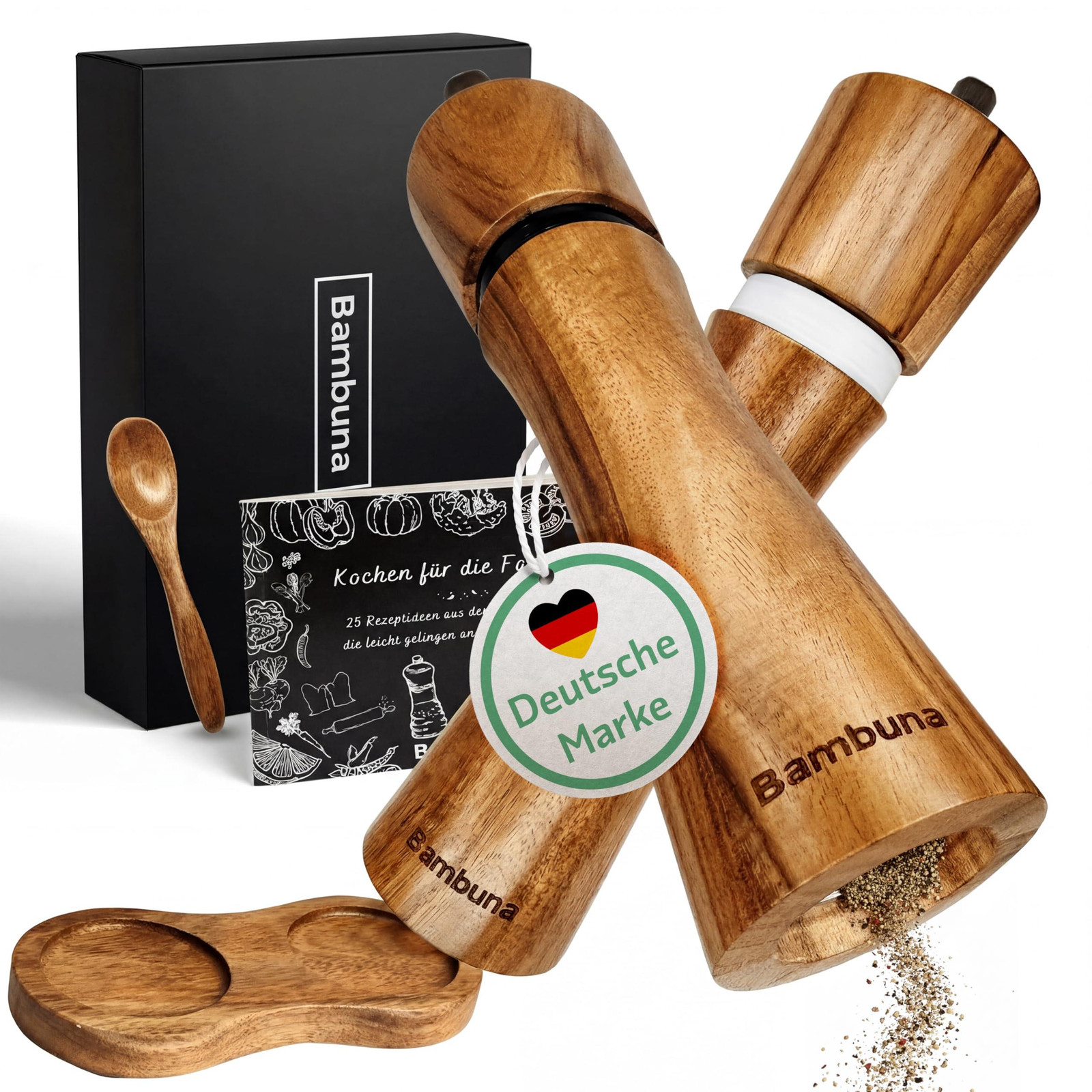 Dripio Kruidenmolen set van acaciahout met keramisch maalwerk, 22 cm