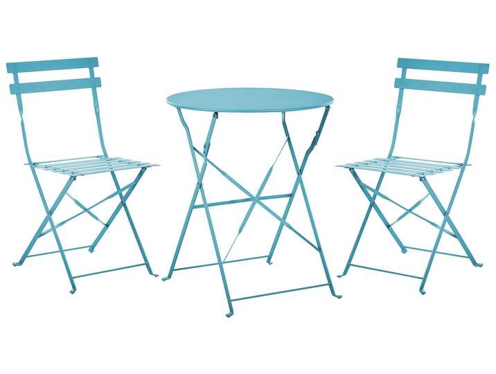 BELIANI Balkonset Türkis Stahl 3-Teilig Runder Tisch mit 2 Stühlen Zusammenklappbar Modern Französicher Stil Terrasse Garten Outdoor Ausstattung